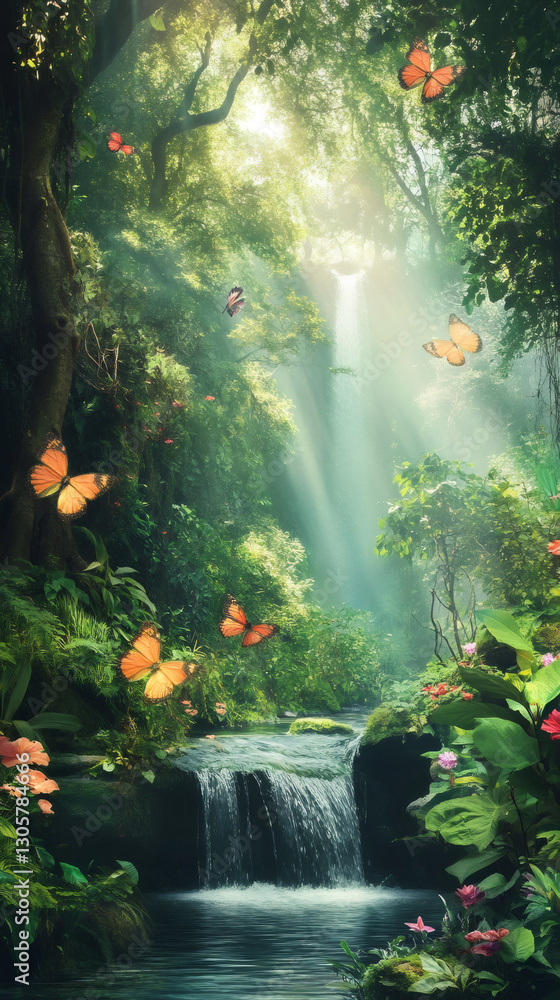 Poster beautiful magical scenery with butterflies flying over a small waterfall in a lush fairytale forest,