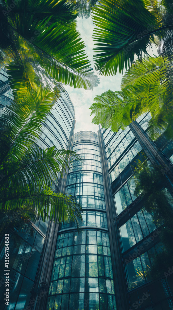 Aufkleber lush green palm trees surround modern glass skyscrapers, creating a harmonious blend of nature and a