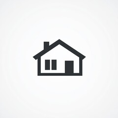 Fototapeta premium The simple, bold icon depicts a house with peaked roof, chimney, two windows, and door, all in black against solid white backdrop.