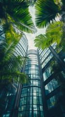 Fototapeta premium Lush green palm trees surround modern glass skyscrapers, creating a harmonious blend of nature and architecture in Singapore