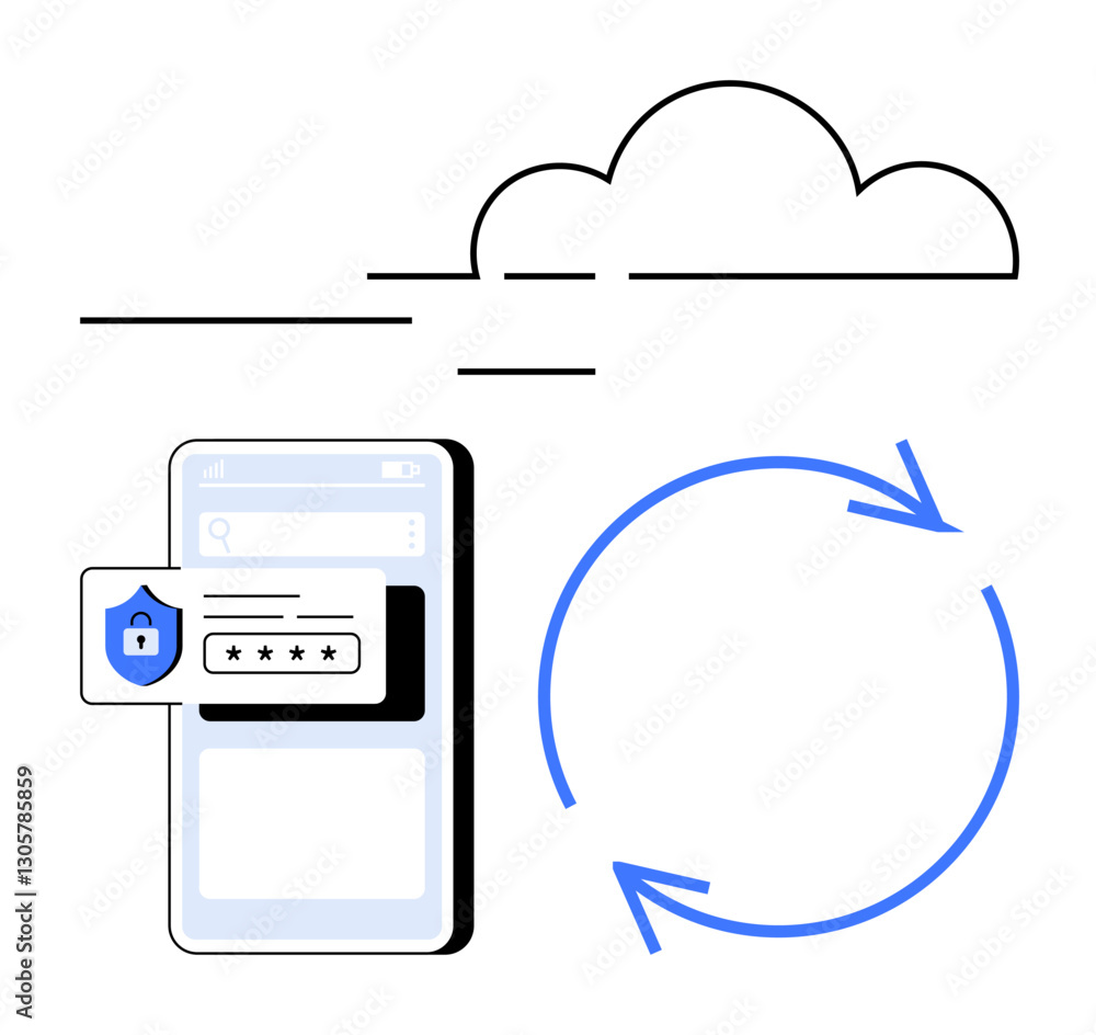 Poster mobile phone screen showing password protection and circular arrows for syncing under a stylized clo