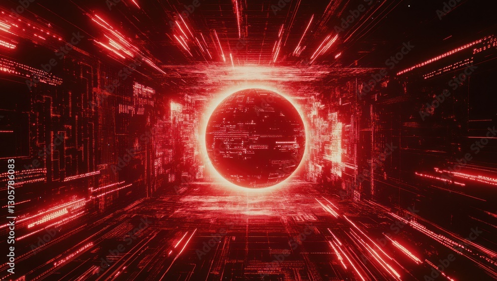 Poster abstract red digital tunnel with glowing circular object, data streams and glowing lines.