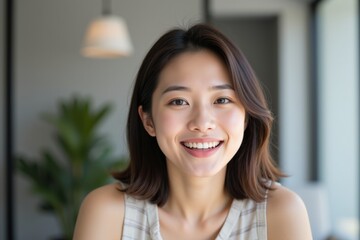 A Young Asian Woman with a Warm Smile Seated in a Modern Cafe Surrounded by Greenery, Radiating Positivity and Confidence