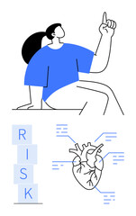 Woman raising finger with a heart diagram and stacked RISK blocks nearby. Ideal for healthcare, prevention, wellness, decision-making, medical risks, self-awareness, abstract line flat metaphor
