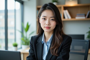 Professional Young Asian Woman in Business Attire, Sitting in Modern Office Environment with Natural Light and Indoor Plants, Focused and Stylish