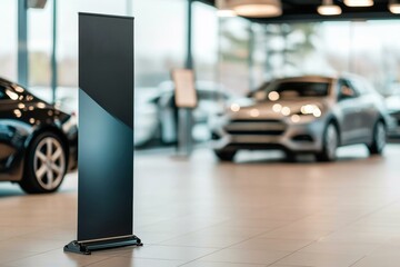 Pull-up banner mockup in modern car showroom with blurred auto display in background for commercial presentation