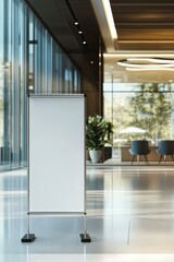  Modern pull-up banner mockup in bright office interior for business presentations and advertising displays