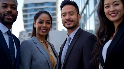 A diverse group of four business professionals stand outdoors, exuding confidence and unity. Capturing the essence of teamwork, professionalism, and corporate culture in a modern urban setting.