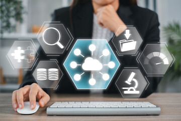 Explore the dynamic world of big data with a futuristic digital interface showcasing cloud computing in a modern business setting.