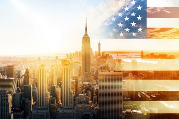 Fototapeta premium New York skyline collage with American flag overlay celebrating Independence Day at sunset.