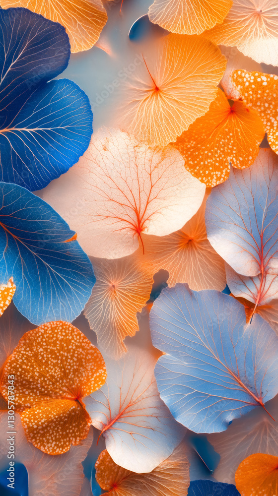 Aufkleber close-up of overlapping leaves in various shades of blue, orange, and white, forming an intricate an