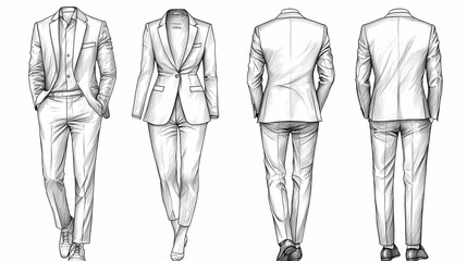 Fashion Sketch Showing Mens And Womens Suits
