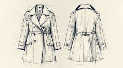 Fashion Sketch Of A Womens Double Breasted Trench Coat