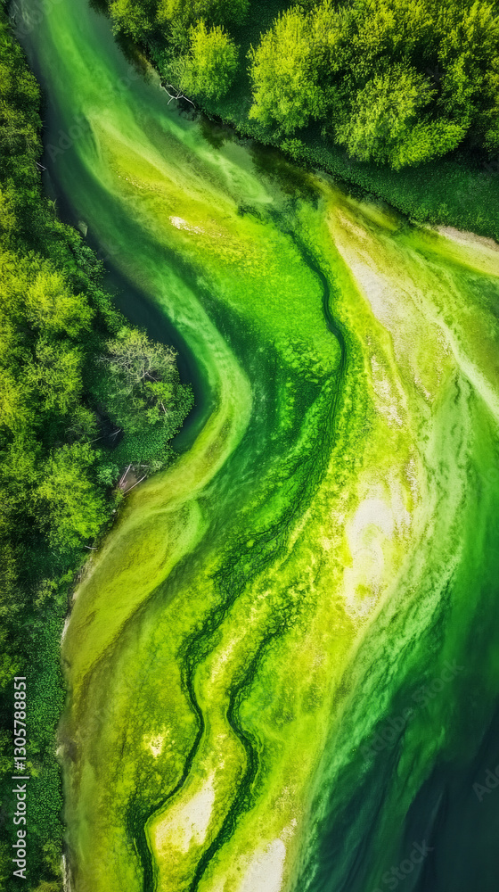 Poster green forest river contaminated with algae creating swirling patterns, captured from aerial drone pe