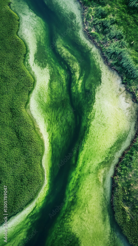 Poster Algae creating intricate abstract patterns in a river meandering through lush green vegetation, captured from an aerial perspective