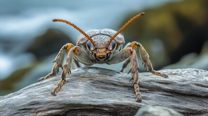 Fototapeta premium Large beetle standing on driftwood at shoreline, soft diffused light, cool neutral tones, and tranquil coastal mood, eye-level shot.