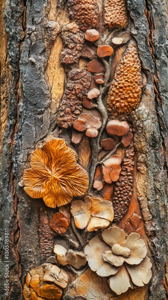 Poster clay flowers and leaves creating a beautiful decorative pattern on a tree bark, perfect for backgrou