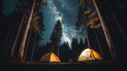 Tent in campsite outdoors with beautiful milky way night starring sky.