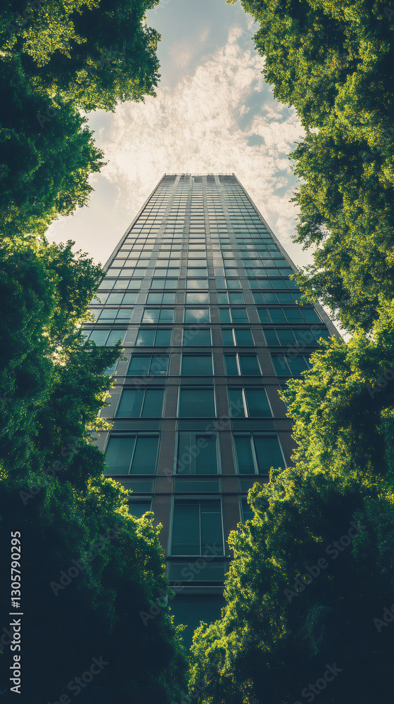 Poster low angle view of modern office building framed by lush green trees, symbolizing sustainable urban d