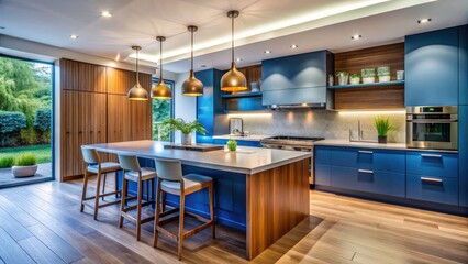 Modern Blue Kitchen Design: Long Exposure Photography, Sleek Cabinets, Warm Wood Accents, Spacious Layout