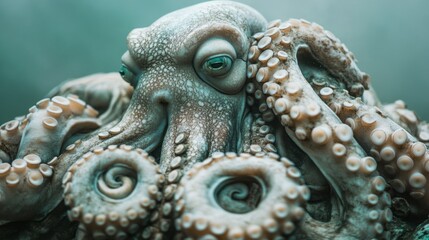 Obraz premium Octopus wrapping tentacles around underwater statue, soft diffused light, muted green and gray tones, and intriguing aquatic atmosphere, close-up shot.