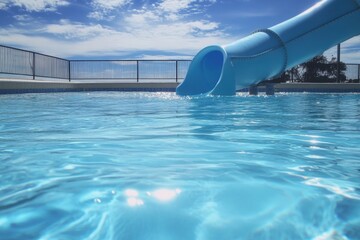 Naklejka premium Blue waterslide entering swimming pool on sunny day