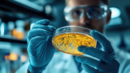 Obraz premium Microbiologist in lab holding petri dish with bacteria colonies, high resolution