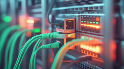 Naklejka premium Neatly organized data center wires with glowing connectivity for network infrastructure