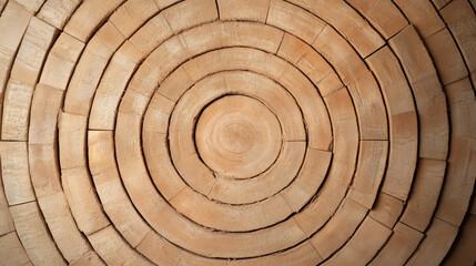 A wooden circular pattern made from stacked logs, detailed natural texture with concentric rings showcasing organic wood grain and rustic craftsmanship