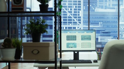 Professional high end office environment designed for business success, business people can collaborate and analyze data on screens. Planning enterprise growth with cutting edge technology.