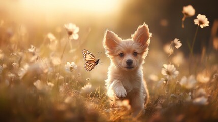 Puppy chasing butterfly in meadow, soft diffused light, vibrant floral tones, and whimsical peaceful atmosphere, wide-angle shot.