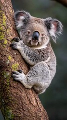 Obraz premium Koala Climbing Mossy Tree Branch