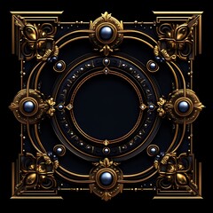 Fototapeta premium Ornate gold frame with dark blue center, decorative elements, empty space, graphic design