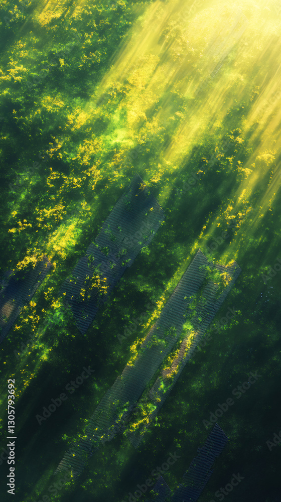 Poster Golden sunbeams filtering through a vibrant green forest canopy, creating a mesmerizing play of light and shadow