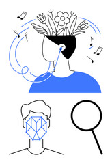 Person with flowers and music notes symbolizing creativity, facial recognition grid on face, magnifying glass. Ideal for creativity, inspiration, music, innovation, technology, identity analysis