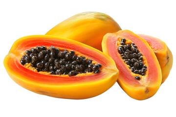 Fresh Sliced Papaya Halves Revealing Juicy Red Seeds on White Background