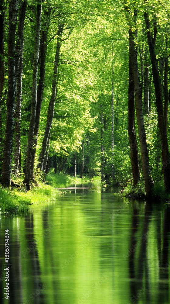 Aufkleber lush green forest with a calm river flowing through it, reflecting the trees and sky in spring