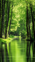Lush green forest with a calm river flowing through it, reflecting the trees and sky in spring
