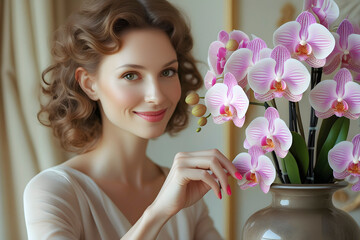woman with orchid at home. close up woman decorates living room with white orchid. 