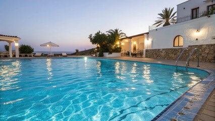 Fototapeta premium Relaxing Evening Poolside: Blue Water Ripple Vacation Travel Photography
