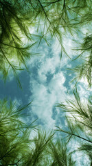 Obraz premium Gazing up at a vibrant blue sky filled with fluffy clouds, framed by the lush green leaves and branches of a thriving tree