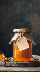 Rustic autumn homemade preserves jar with natural tag for kitchen decor