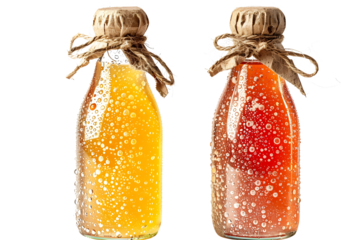 Artisanal Glass Bottles with Vibrant Liquid Contents in Warm Tones