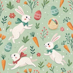 Easter Celebration with Seamless Bunnies Spring Field Illustration Cheerful Atmosphere Vibrant Colors Whimsical Design