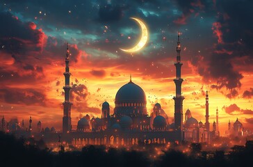 Naklejka premium Silhouette of a Majestic Mosque at Sunset with a Crescent Moon and Vibrant Clouds