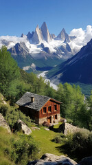 Obraz premium Breathtaking view of a traditional wooden chalet nestled in the French Alps, with the majestic Aiguille du Dru peak dominating the background on a sunny day