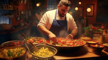 Chef hispano cocinando comida tradicional llena de color