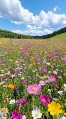 Obraz premium Expansive wildflower meadow under blue sky with white clouds