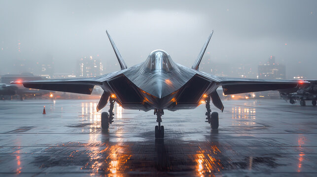 A sleek, modern fighter jet sits on a wet runway at dawn, its lights reflecting off the surface. The aircraft's sharp lines and advanced design are highlighted by the misty, urban backdrop.