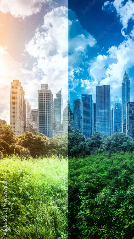 Poster split screen showcasing the impact of climate change, featuring dry grass transitioning into lush ve